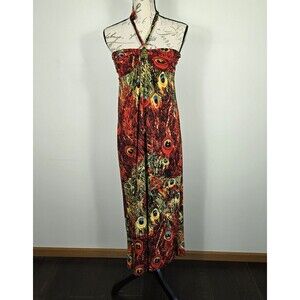 Multicolor Peacock Feather Halter Top Maxi Dress Women's Size Small